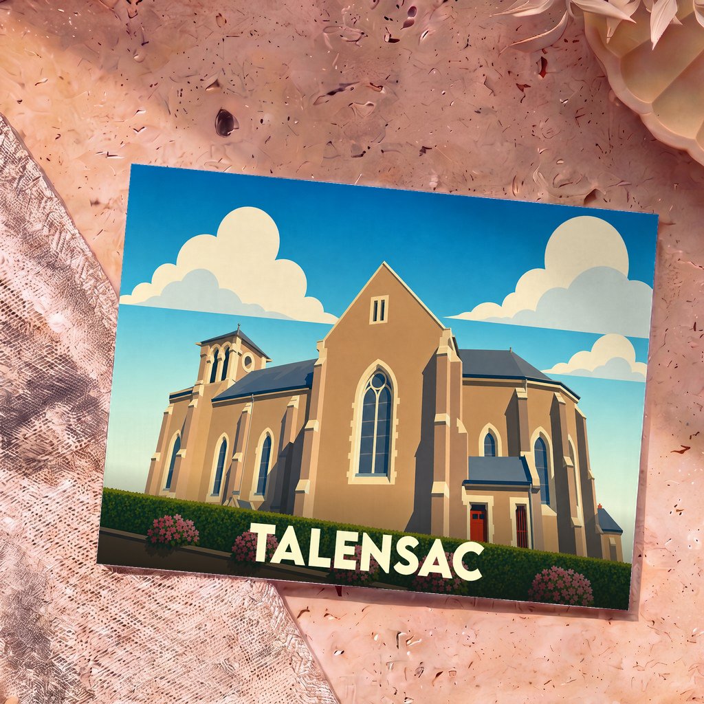 Carte postale souvenir de la ville de Talensac avec une illustration stylisée de son église sous un ciel nuageux.