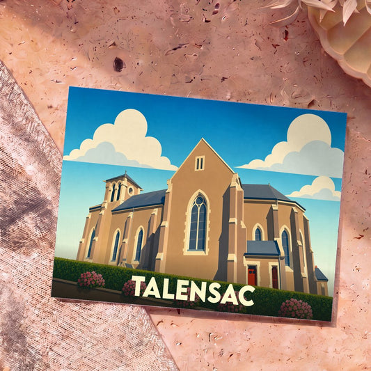 Carte postale souvenir de la ville de Talensac avec une illustration stylisée de son église sous un ciel nuageux.