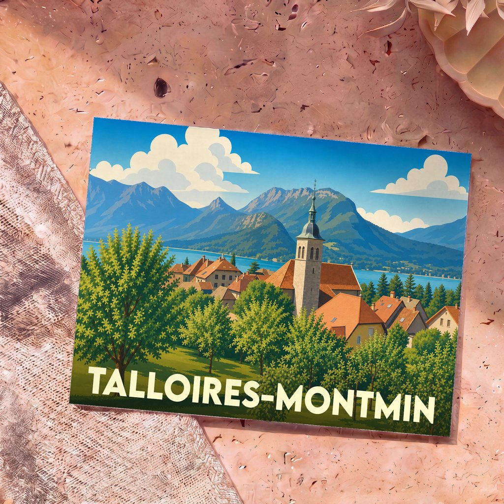 Carte postale souvenir de Talloires-Montmin avec une illustration stylisée du village et de son église bordant le lac d'Annecy.