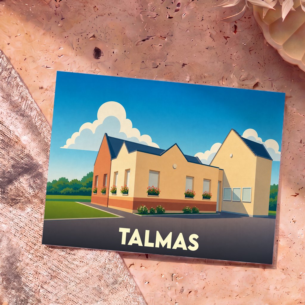 Carte postale souvenir de la ville de Talmas avec une illustration stylisée de sa mairie.