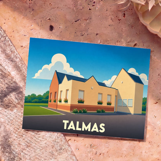 Carte postale souvenir de la ville de Talmas avec une illustration stylisée de sa mairie.