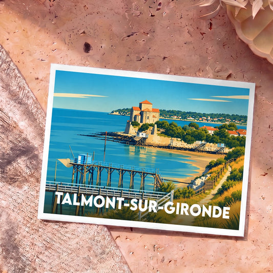 Carte postale souvenir de la ville de Talmont-sur-Gironde avec une illustration stylisée de son église et de ses carrelets.