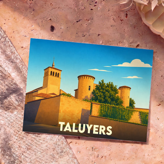 Carte postale souvenir de la ville de Taluyers avec une illustration stylisée de son église et de son château.