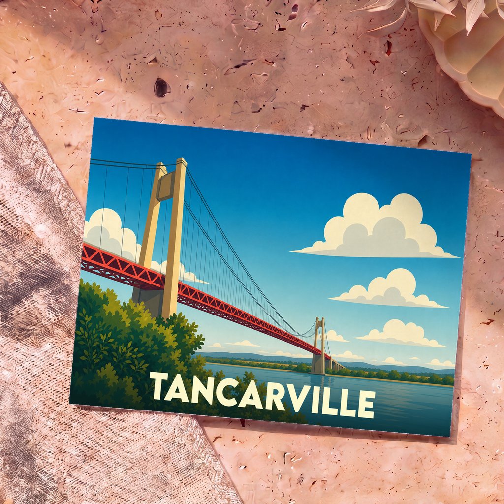 Carte postale souvenir de la ville de Tancarville avec une illustration stylisée de son célèbre pont suspendu.