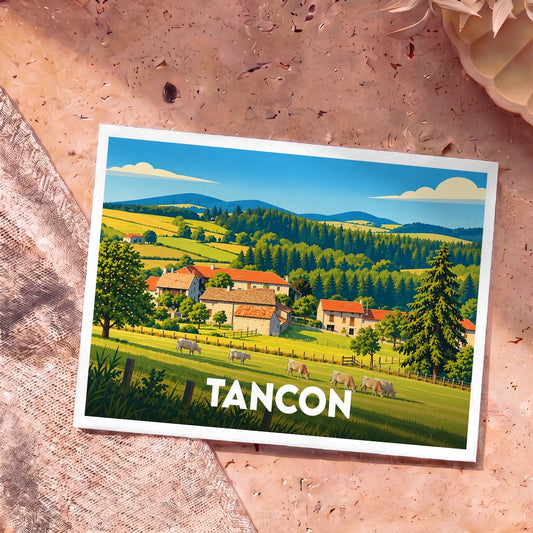 Carte postale souvenir de la ville de Tancon avec une illustration stylisée de son paysage rural et vallonné.