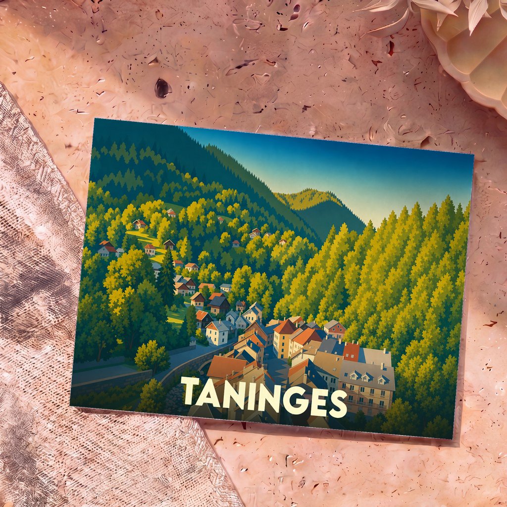 Carte postale souvenir de la ville de Taninges avec une illustration stylisée de son village et ses montagnes.