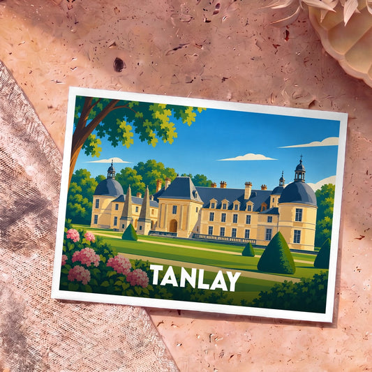 Carte postale souvenir de la ville de Tanlay avec une illustration stylisée de son château.