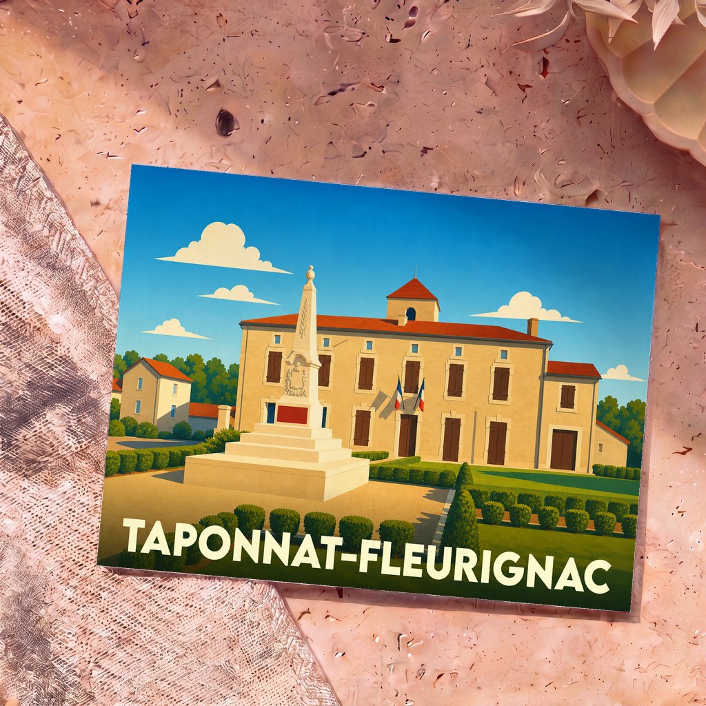 Carte postale souvenir de la ville de Taponnat-Fleurignac avec une illustration stylisée de sa mairie et de son monument aux morts.