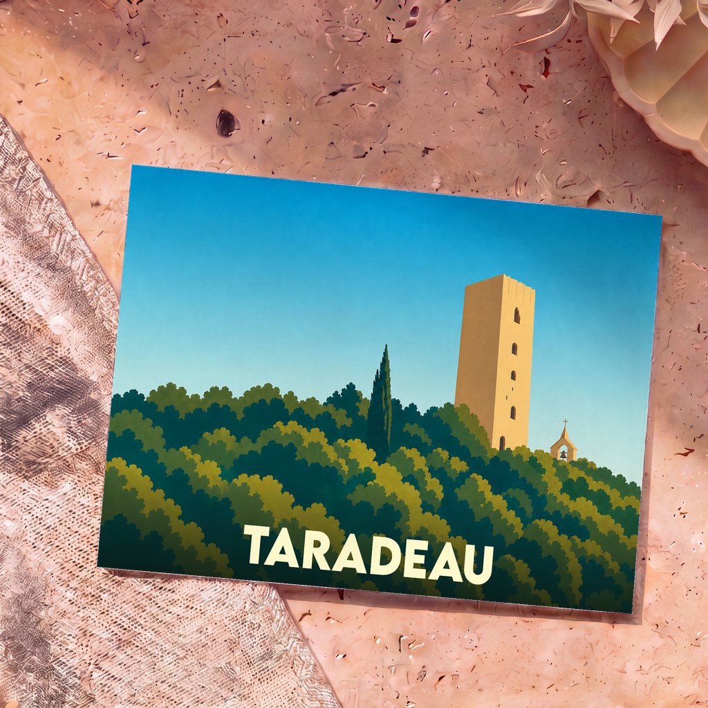 Carte postale souvenir de la ville de Taradeau avec une illustration stylisée d'une tour dominant la forêt.