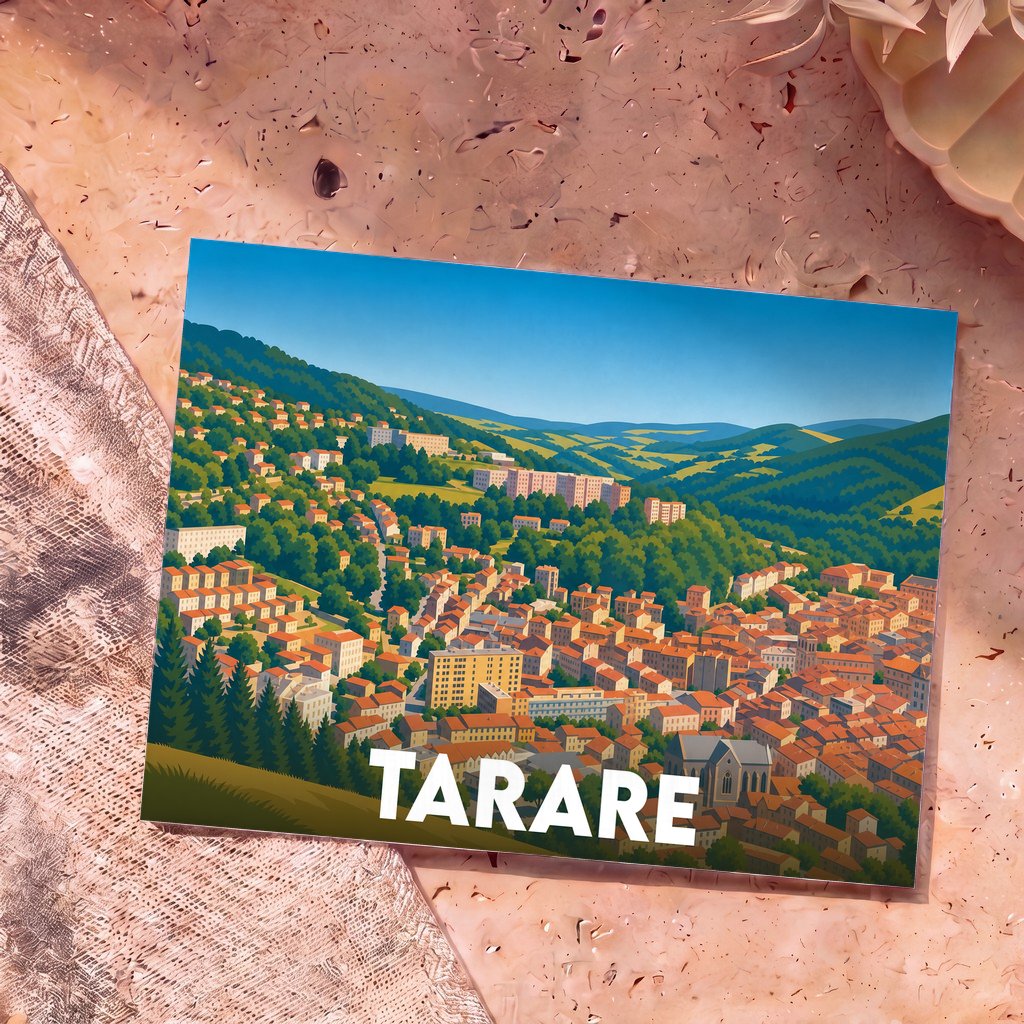 Carte postale souvenir de la ville de Tarare avec une illustration stylisée et colorée.