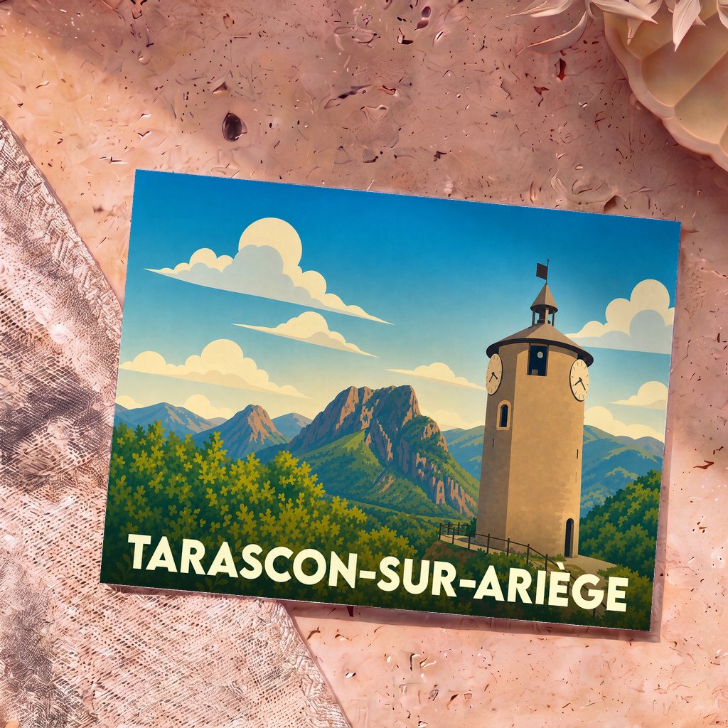 Carte postale souvenir de la ville de Tarascon-sur-Ariège avec une illustration stylisée d'une tour d'horloge devant un paysage montagneux.