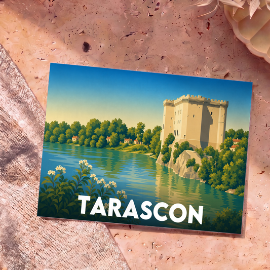 Carte postale souvenir de la ville de Tarascon avec une illustration stylisée du château bordant le Rhône.