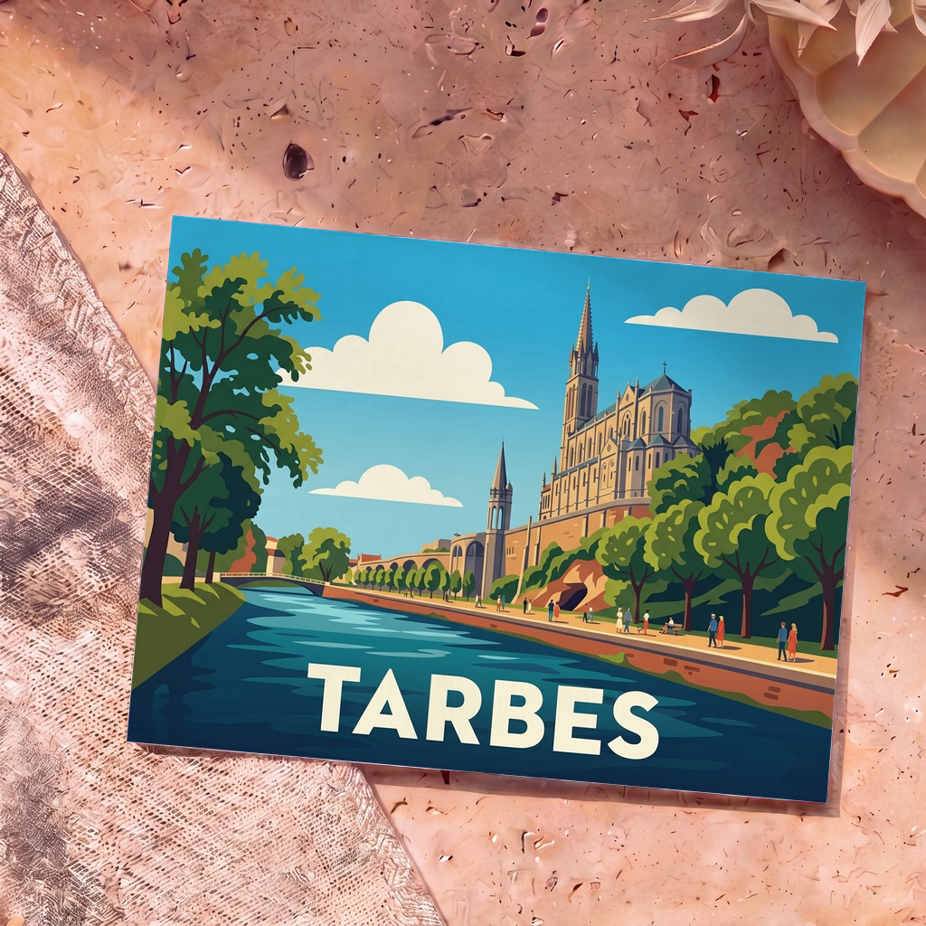 Carte postale souvenir de la ville de Tarbes avec une illustration stylisée représentant sa cathédrale et le bord de l'eau.