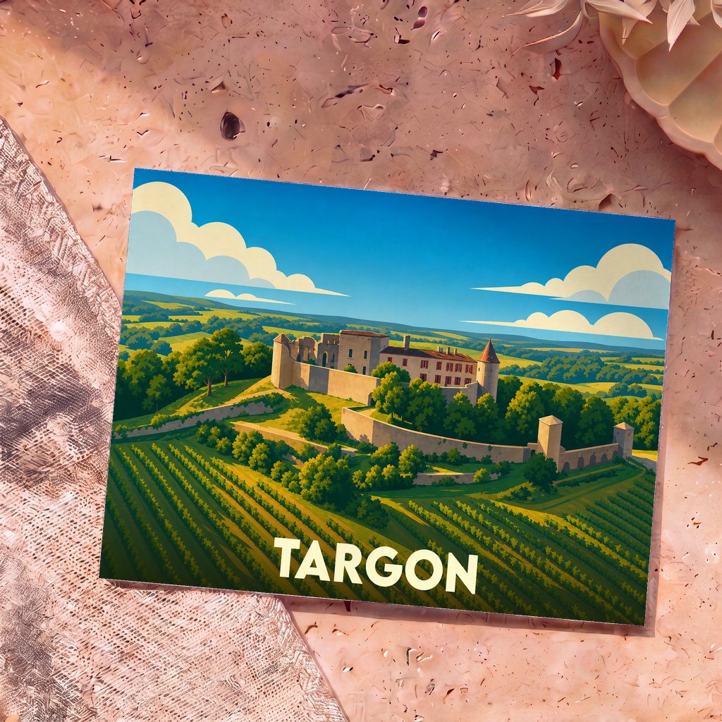 Carte postale souvenir de la ville de Targon représentant une illustration stylisée de son château et de ses vignobles.