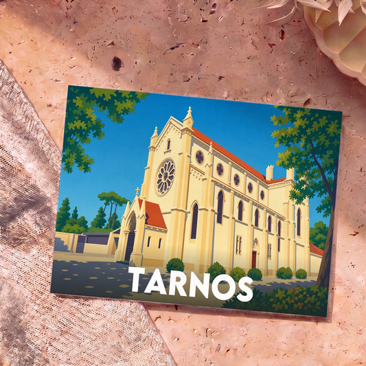 Carte postale souvenir de la ville de Tarnos illustrant son église dans un style graphique épuré.