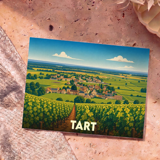 Carte postale souvenir de la ville de Tart illustrant des vignobles et un village dans un style graphique épuré.