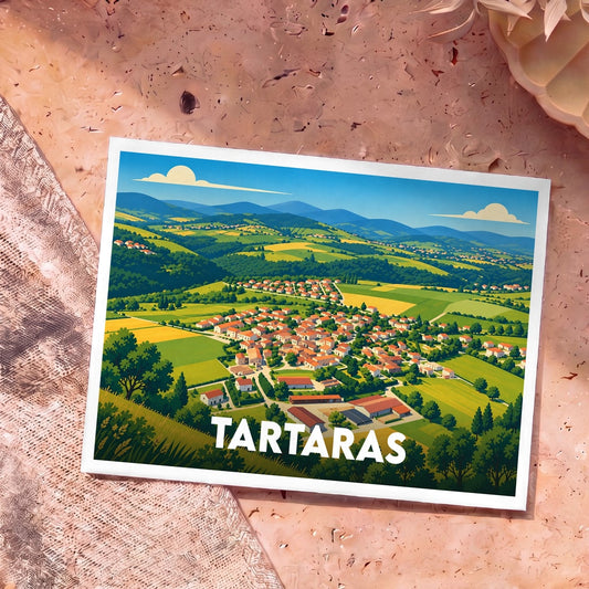 Carte postale souvenir de la ville de Tartaras avec une illustration stylisée de son paysage vallonné.