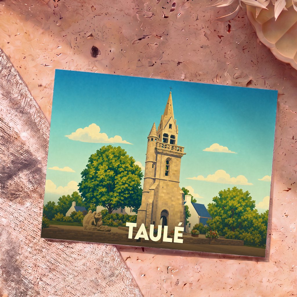 Carte postale souvenir de la ville de Taulé avec une illustration stylisée de son église emblématique.