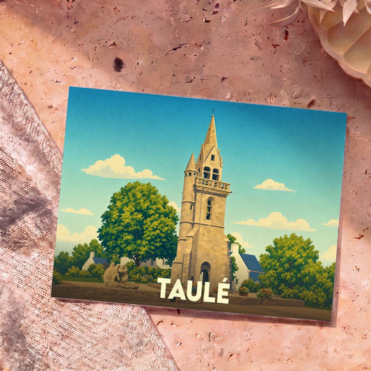 Carte postale souvenir de la ville de Taulé avec une illustration stylisée de son église emblématique.
