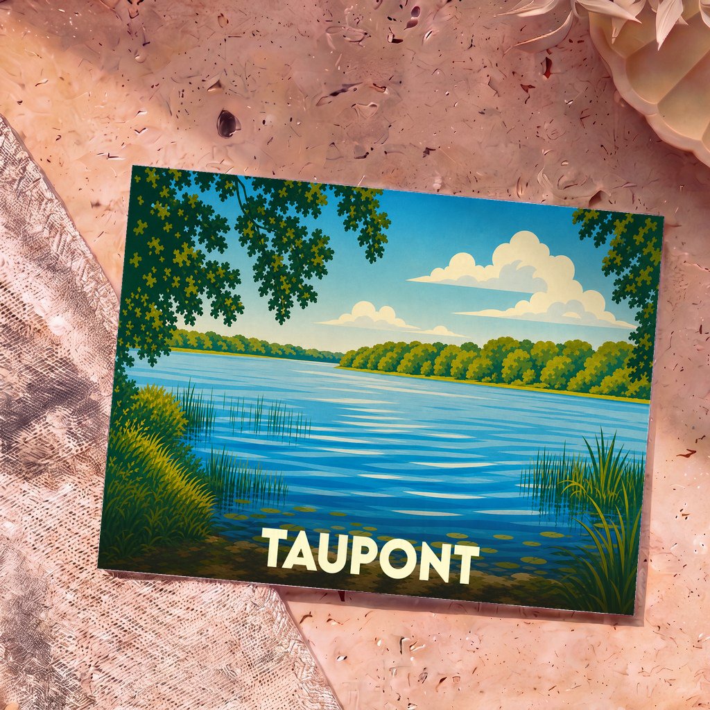 Carte postale souvenir de la ville de Taupont avec une illustration stylisée d'un lac bordé de végétation.
