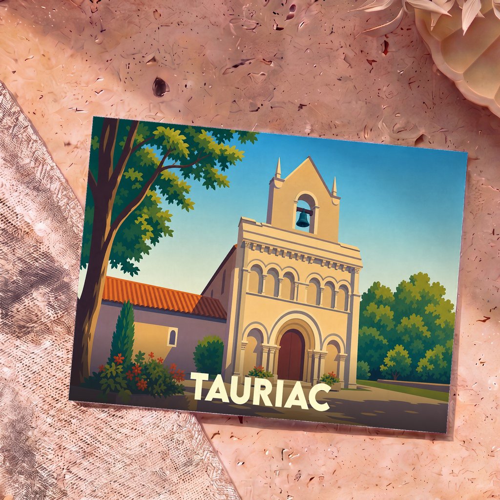 Carte postale souvenir de la ville de Tauriac avec une illustration stylisée de son église romane.