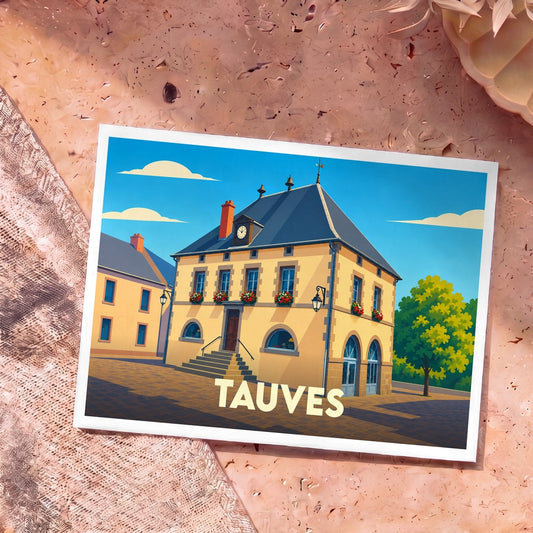 Carte postale souvenir de la ville de Tauves avec une illustration stylisée de sa mairie.