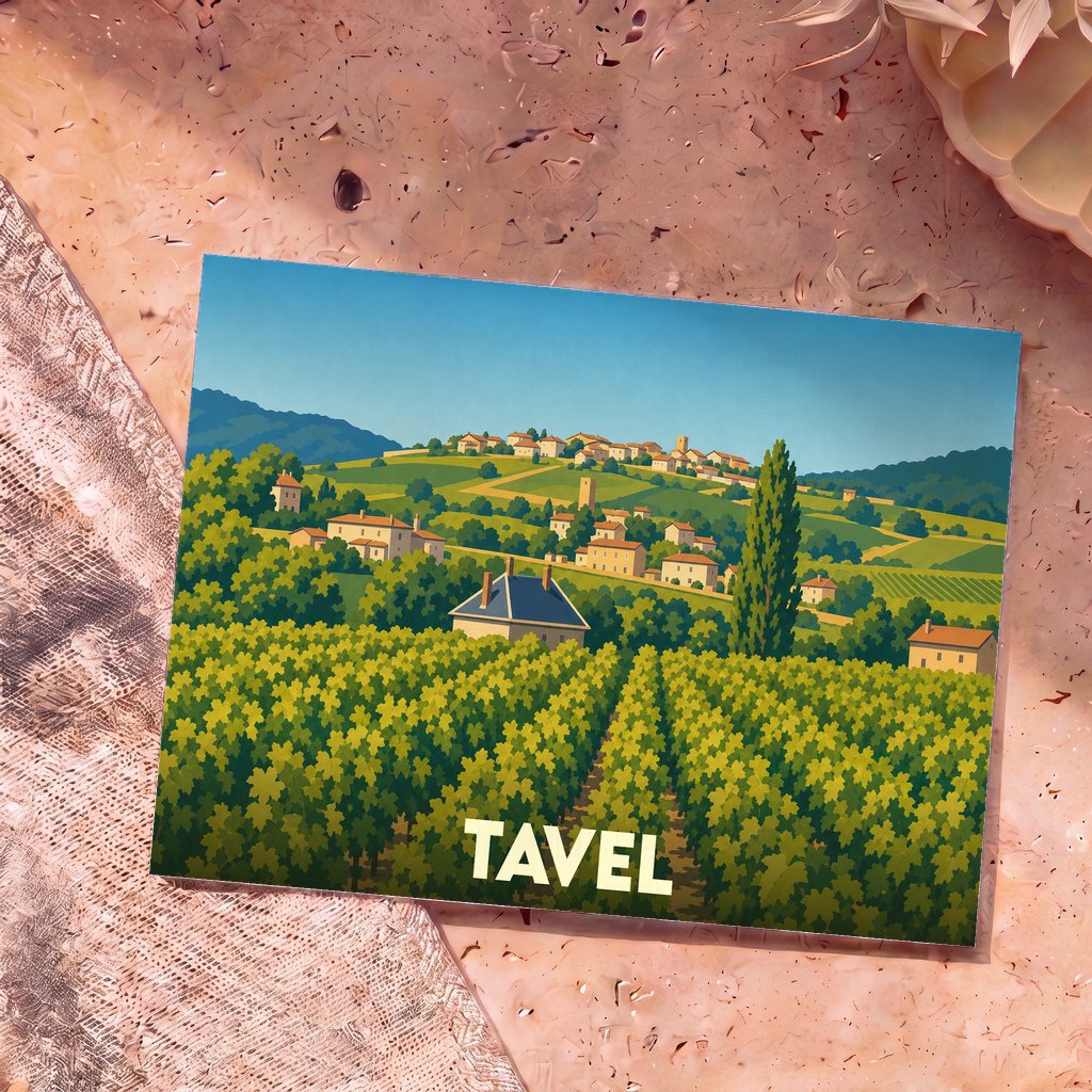 Carte postale souvenir de la ville de Tavel avec une illustration stylisée de ses vignobles et de son village.