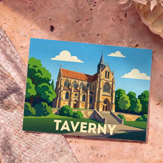 Carte postale souvenir de la ville de Taverny représentant son église dans un style illustré et coloré.