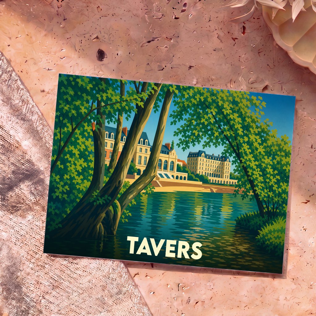 Carte postale souvenir de la ville de Tavers avec une illustration stylisée des bords de Loire.