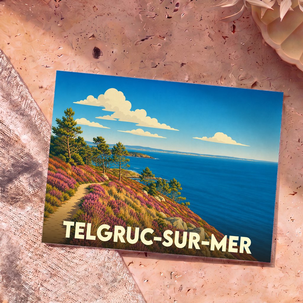 Carte postale souvenir de la ville de Telgruc-sur-Mer avec une illustration stylisée d'un littoral fleuri.