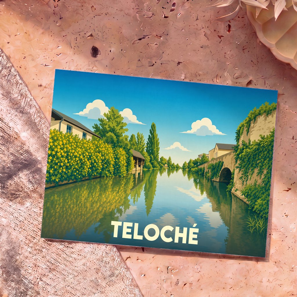 Carte postale souvenir de la ville de Teloché avec une illustration stylisée d'un canal bordé de fleurs et de maisons.