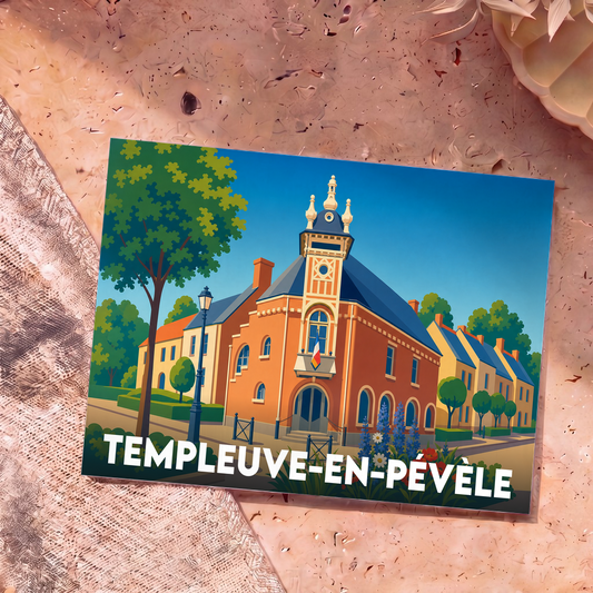Carte postale souvenir de la ville de Templeuve-en-Pévèle avec une illustration colorée de sa mairie.