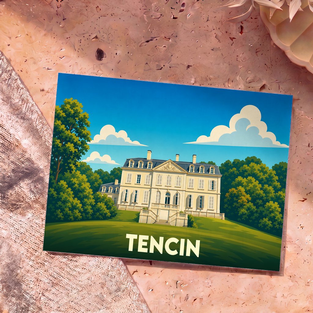 Carte postale souvenir de la ville de Tencin avec une illustration stylisée de son château.