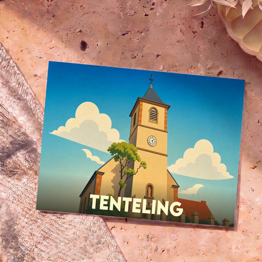 Carte postale souvenir de la ville de Tenteling avec une illustration stylisée de son église sous un ciel bleu.