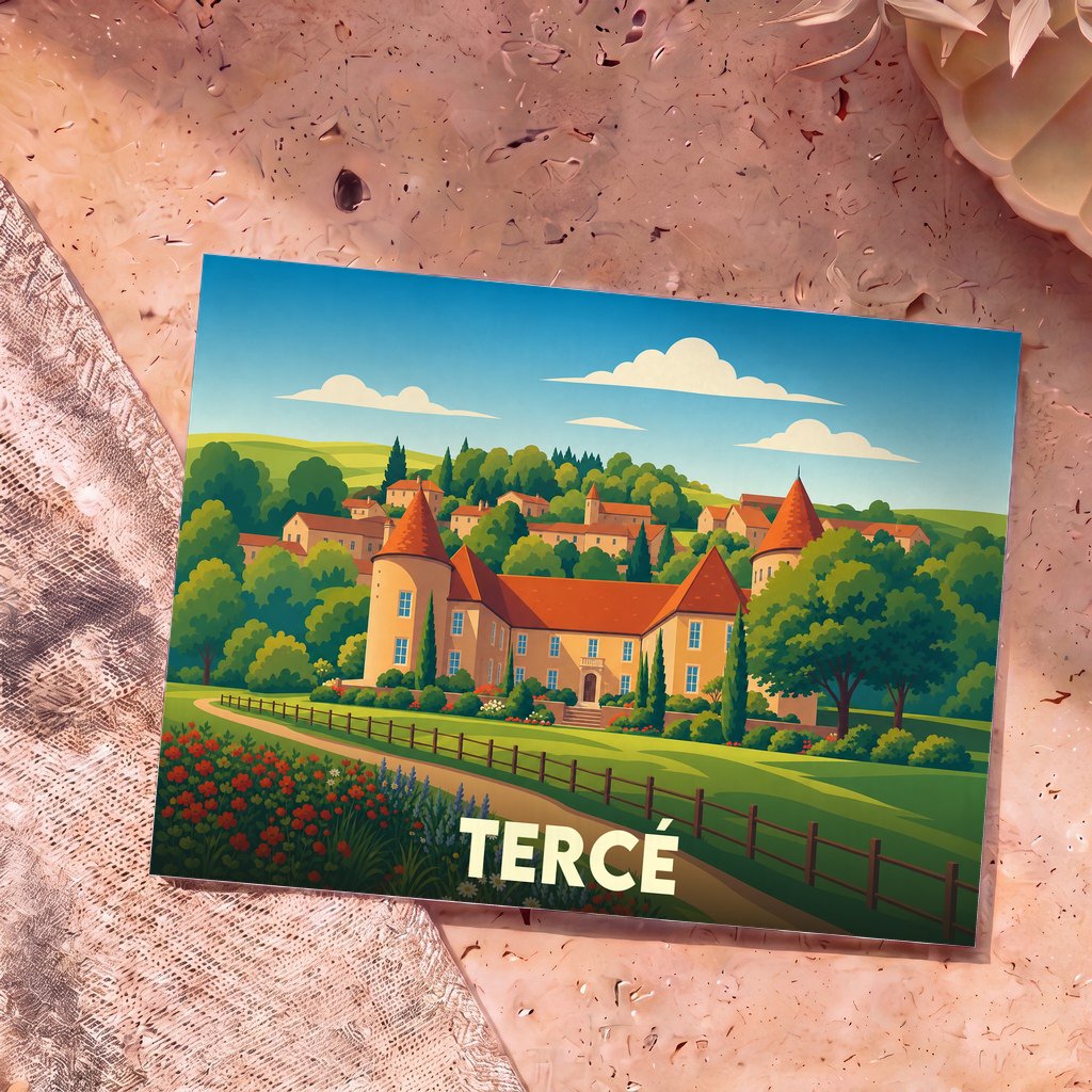 Carte postale souvenir de la ville de Tercé illustrant son château et ses paysages vallonnés dans un style graphique épuré.
