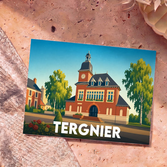 Carte postale souvenir de la ville de Tergnier avec une illustration stylisée de son hôtel de ville.