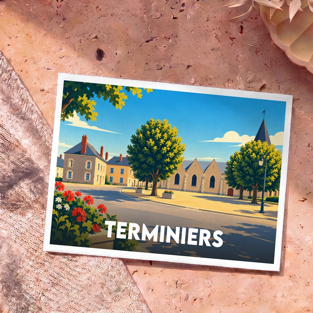 Carte postale souvenir de la ville de Terminiers avec une illustration stylisée et colorée du village.