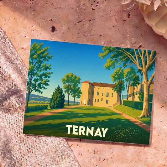 Carte postale souvenir de la ville de Ternay présentant une illustration stylisée de son château dans un parc verdoyant.