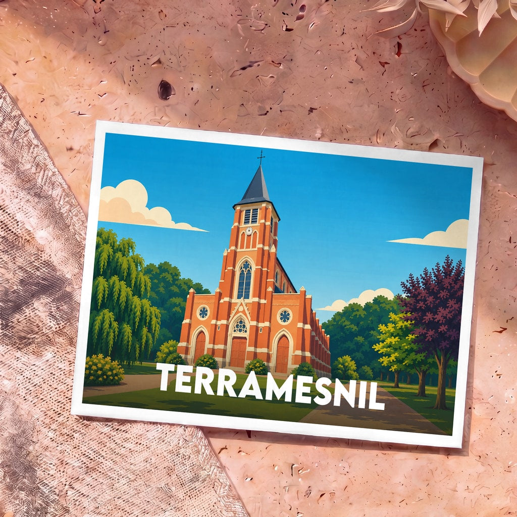 Carte postale souvenir de la ville de Terramesnil illustrant son église en briques rouges dans un style épuré.