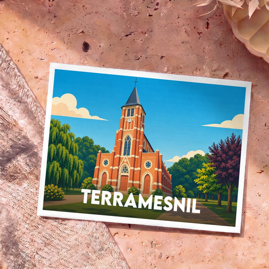 Carte postale souvenir de la ville de Terramesnil illustrant son église en briques rouges dans un style épuré.