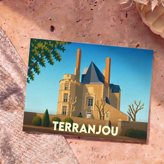 Carte postale souvenir de la commune de Terranjou illustrant son château avec un style graphique épuré.