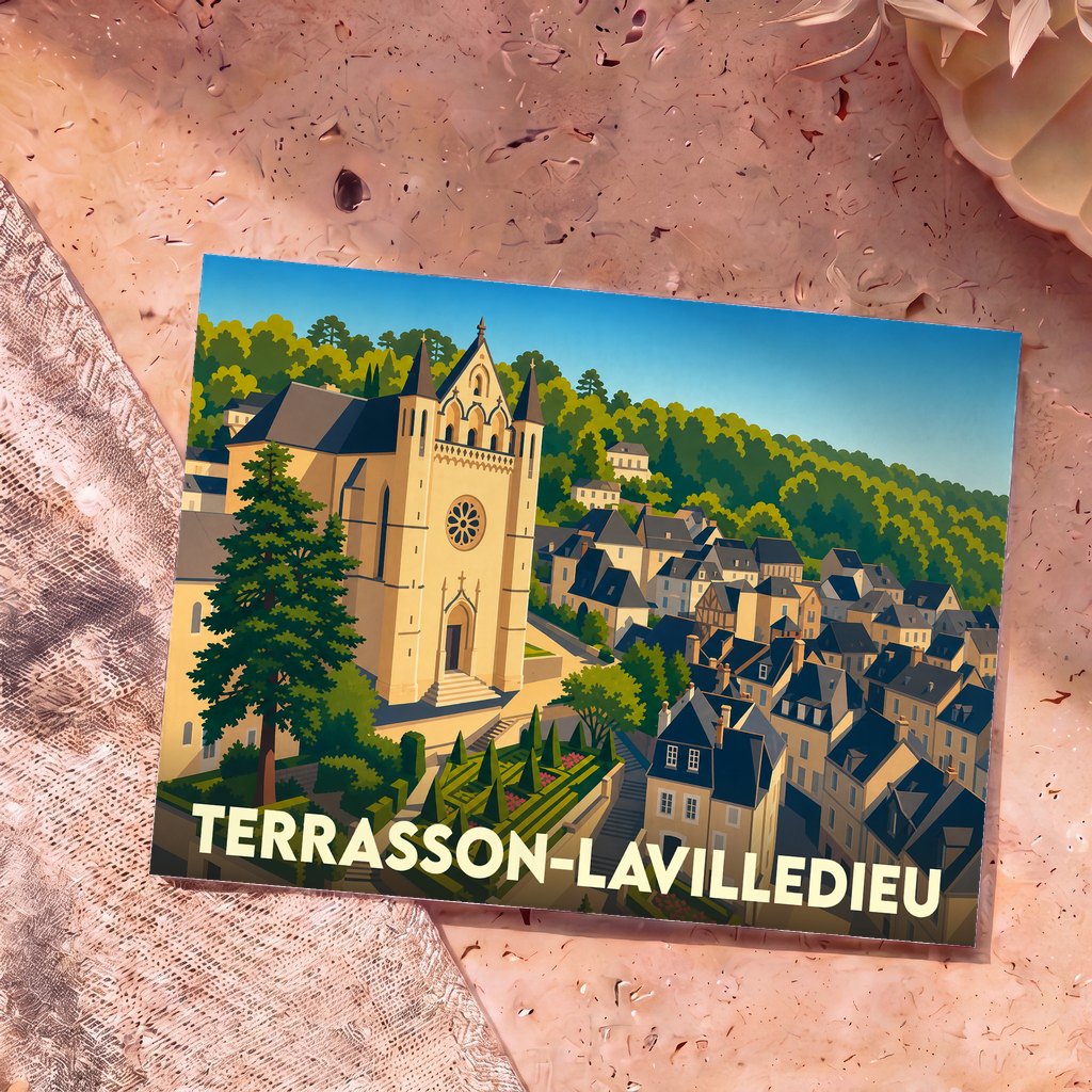Carte postale souvenir de la ville de Terrasson-Lavilledieu avec une illustration stylisée de son église et de ses toits ardoisés.
