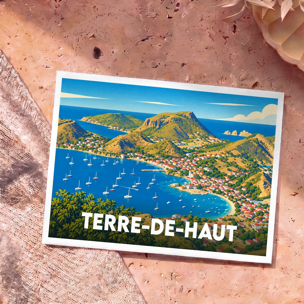 Carte postale souvenir de Terre-de-Haut arborant une illustration stylisée de sa baie et de ses collines verdoyantes.