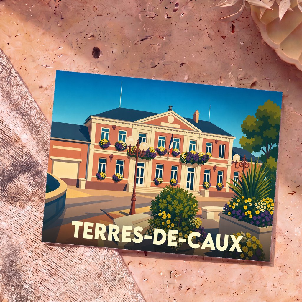 Carte postale souvenir de la ville de Terres-de-Caux présentant une illustration stylisée de son hôtel de ville fleuri.