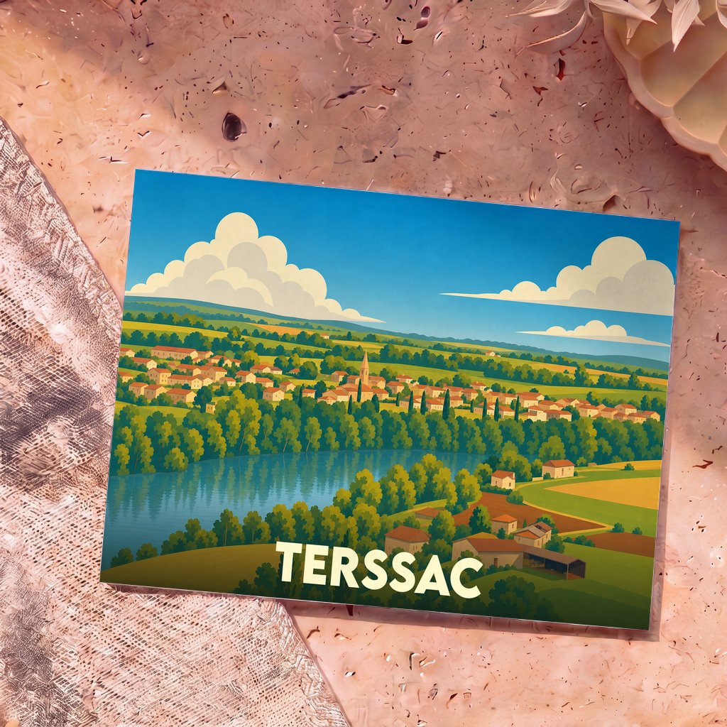 Carte postale souvenir de la ville de Terssac avec une illustration stylisée d'un paysage de campagne au bord de l'eau.