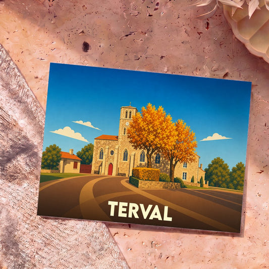 Carte postale souvenir de la ville de Terval avec une illustration stylisée de son église sous un ciel bleu.