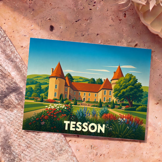 Carte postale souvenir de la ville de Tesson avec une illustration stylisée d'un château et de ses jardins fleuris.