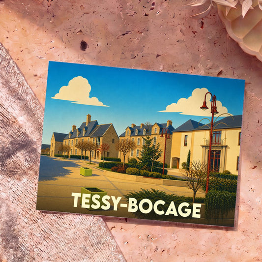 Carte postale souvenir de la ville de Tessy-Bocage avec une illustration stylisée.
