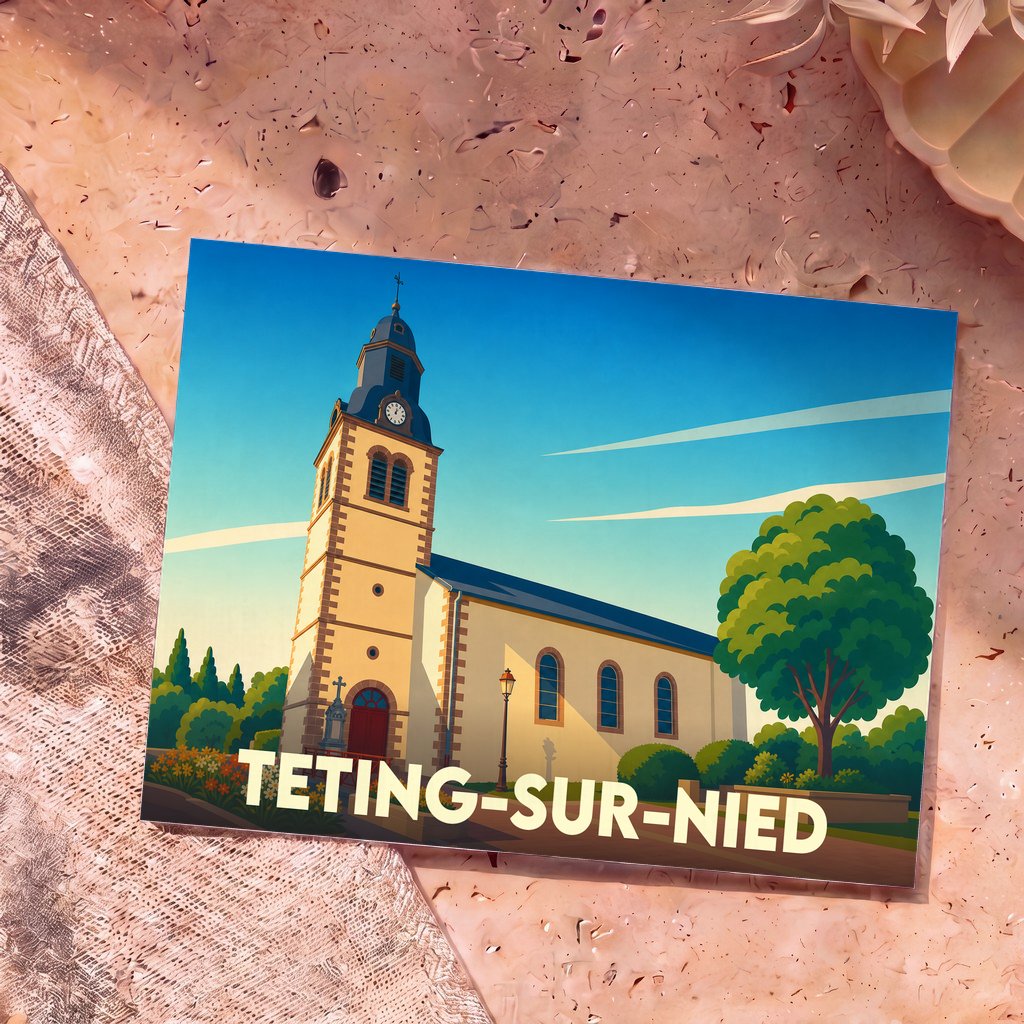 Carte postale souvenir de la ville de Teting-sur-Nied avec une illustration stylisée de son église.