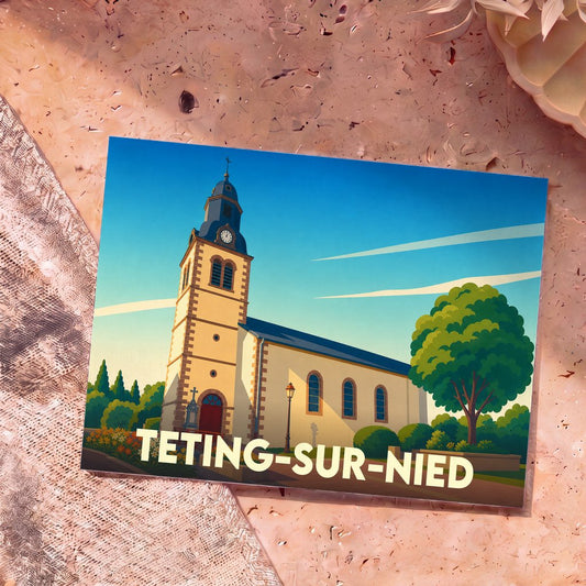 Carte postale souvenir de la ville de Teting-sur-Nied avec une illustration stylisée de son église.